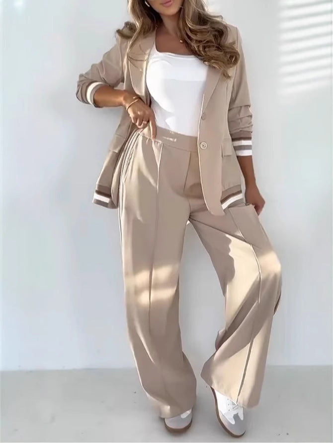 2 Pcs Set Women Suit Coat Pants Suit Lapel Long Sleeves Lady Wide Leg High Waist Trousers Female Commuting Office Outfit