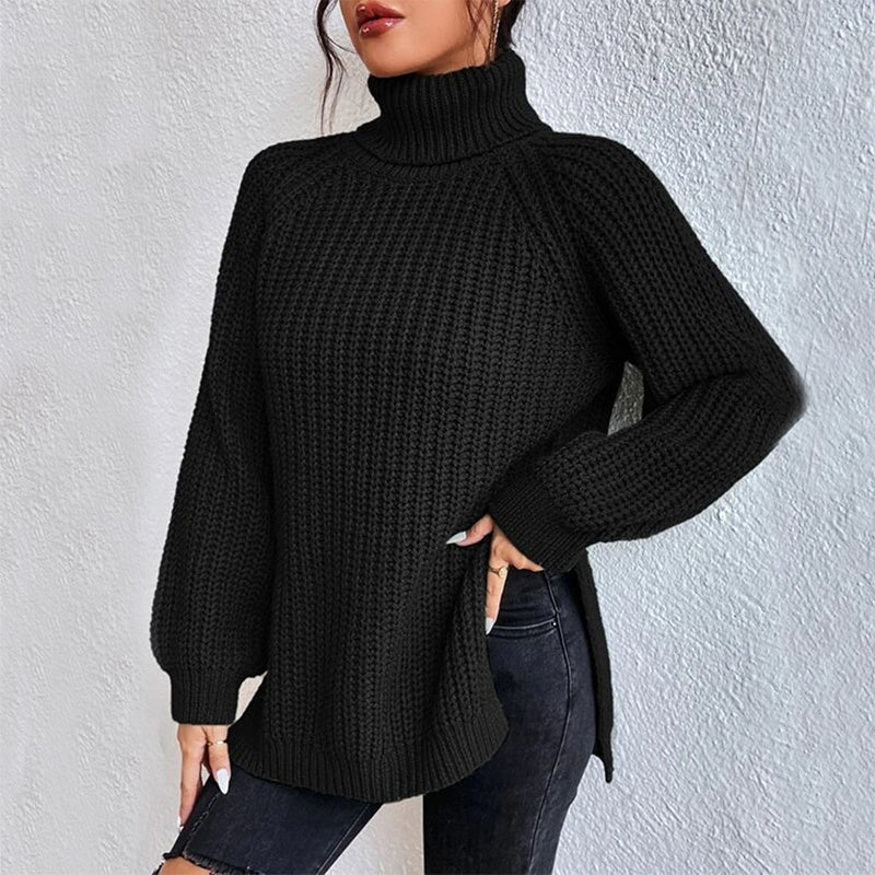 Turtleneck Pullover Sweater with Split Design Simple Solid Color Long Sleeve Top for Women