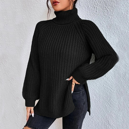 Turtleneck Pullover Sweater with Split Design Simple Solid Color Long Sleeve Top for Women