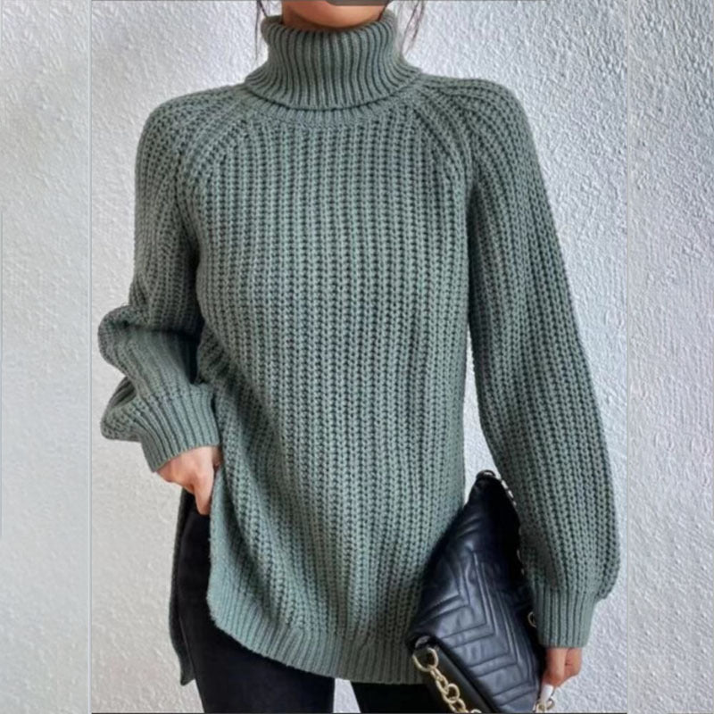 Turtleneck Pullover Sweater with Split Design Simple Solid Color Long Sleeve Top for Women