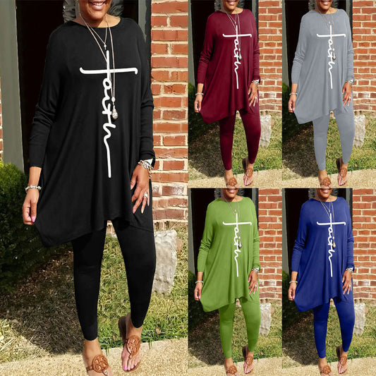 Round Neck Loose Long Sleeves Solid Color Printed Plus Size Women's Clothing Two-piece Set
