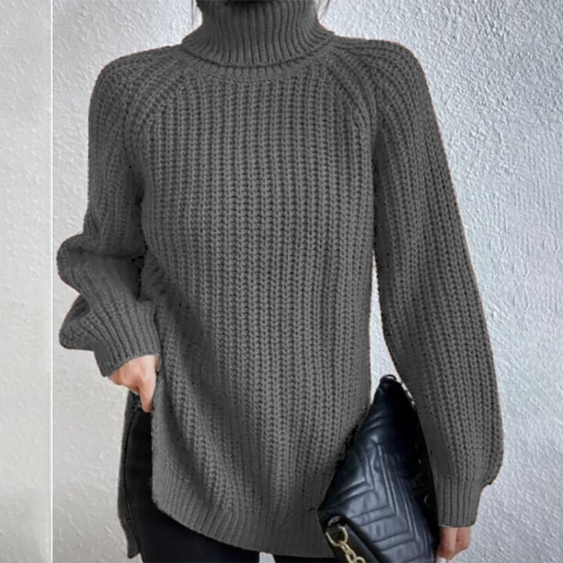 Turtleneck Pullover Sweater with Split Design Simple Solid Color Long Sleeve Top for Women