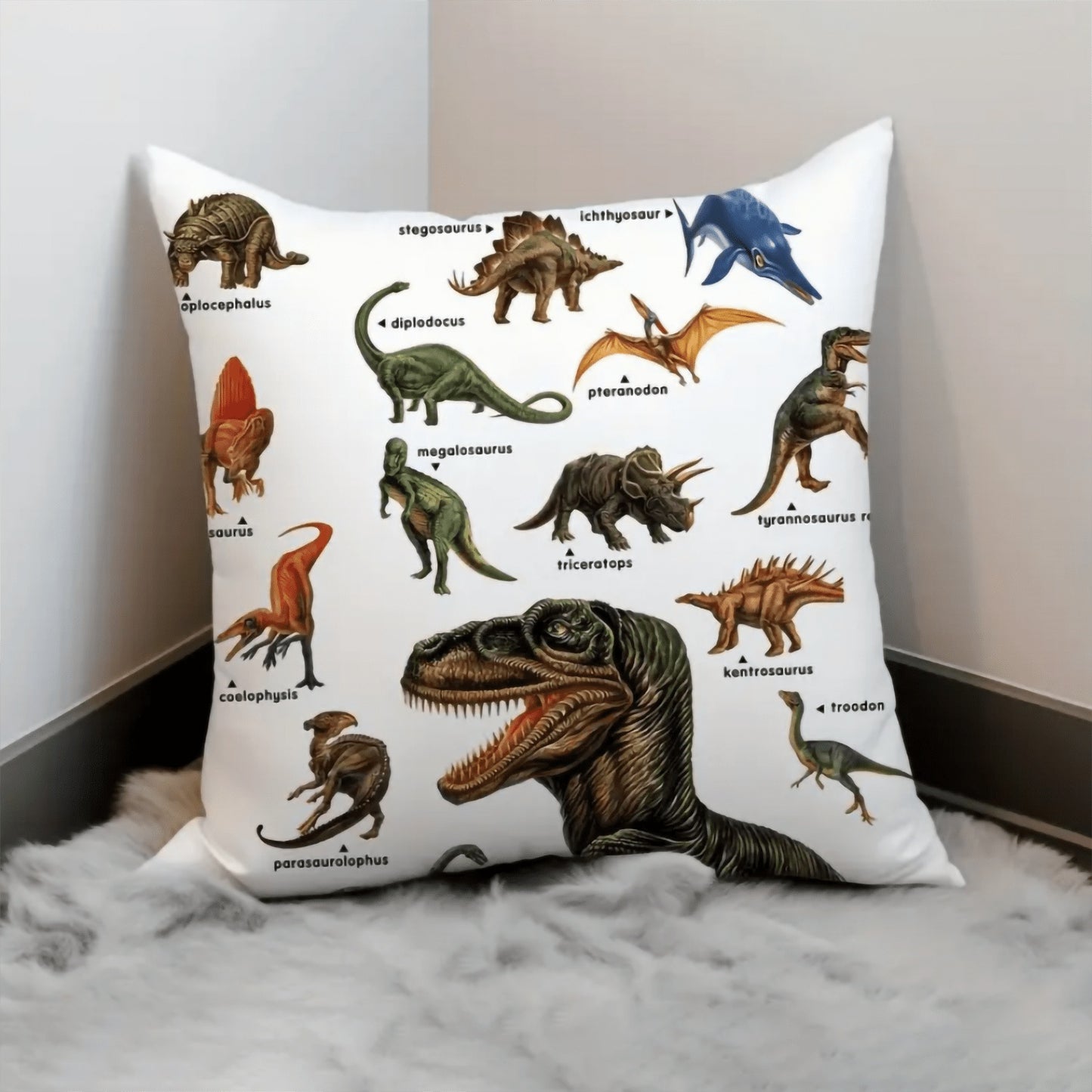 Wild Dinosaur Pillow Cover – 18x18 Decorative Cushion Case with T-Rex & Brachiosaurus Design, Boys’ Room & Home Decoration