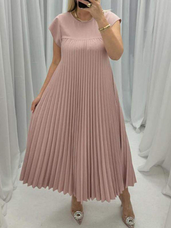 Short Sleeve Pleated Round Neck Long Summer Dress for Women
