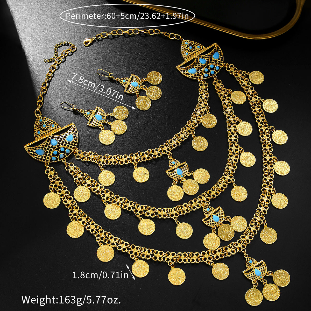 18K Gold Tassel Jewelry Set – Retro Multi-Layer Necklace & Earrings with Coins | Middle Eastern Wedding & Holiday Gift Set