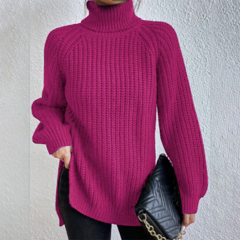 Turtleneck Pullover Sweater with Split Design Simple Solid Color Long Sleeve Top for Women