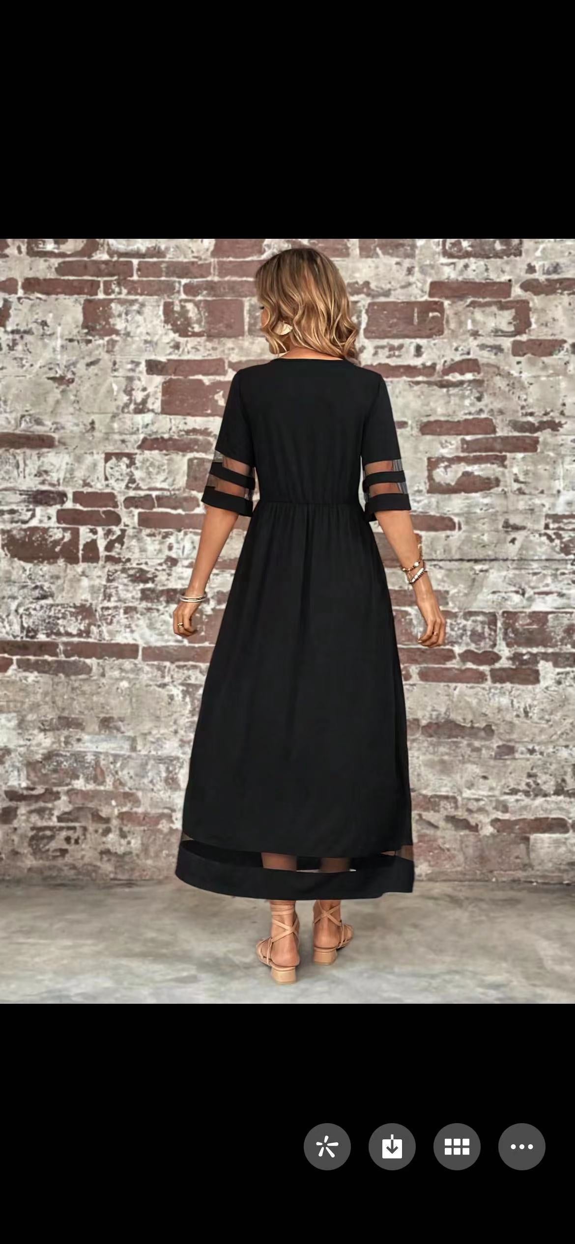Five-quarter Sleeve Mesh Patchwork Round Neck Dress with Pockets