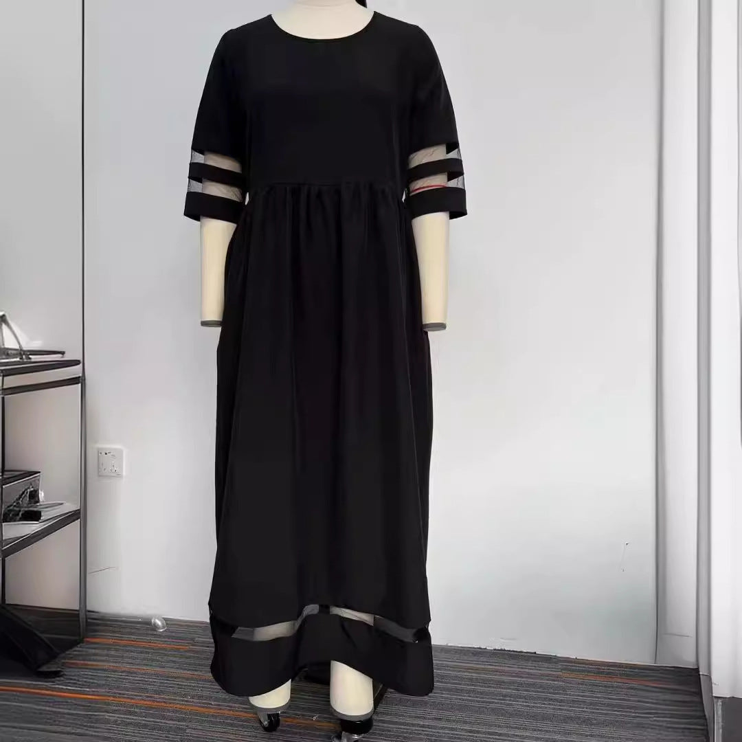 Five-quarter Sleeve Mesh Patchwork Round Neck Dress with Pockets