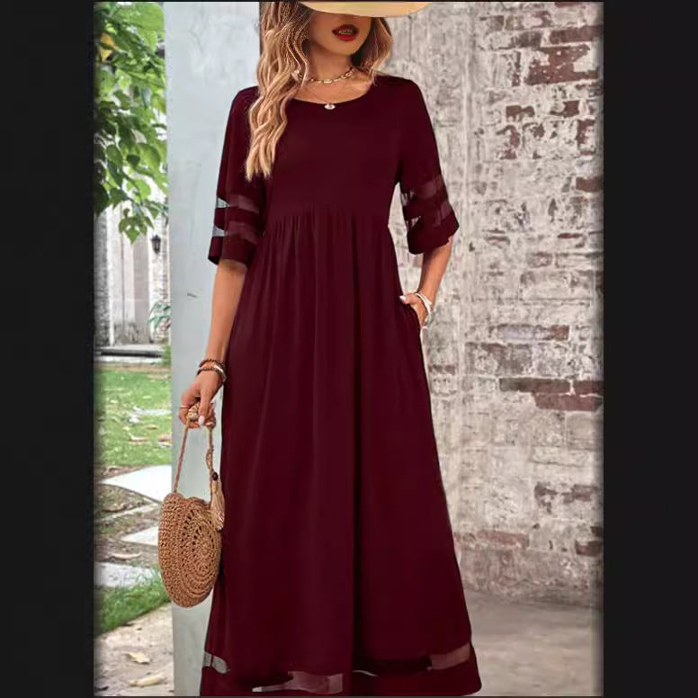 Five-quarter Sleeve Mesh Patchwork Round Neck Dress with Pockets