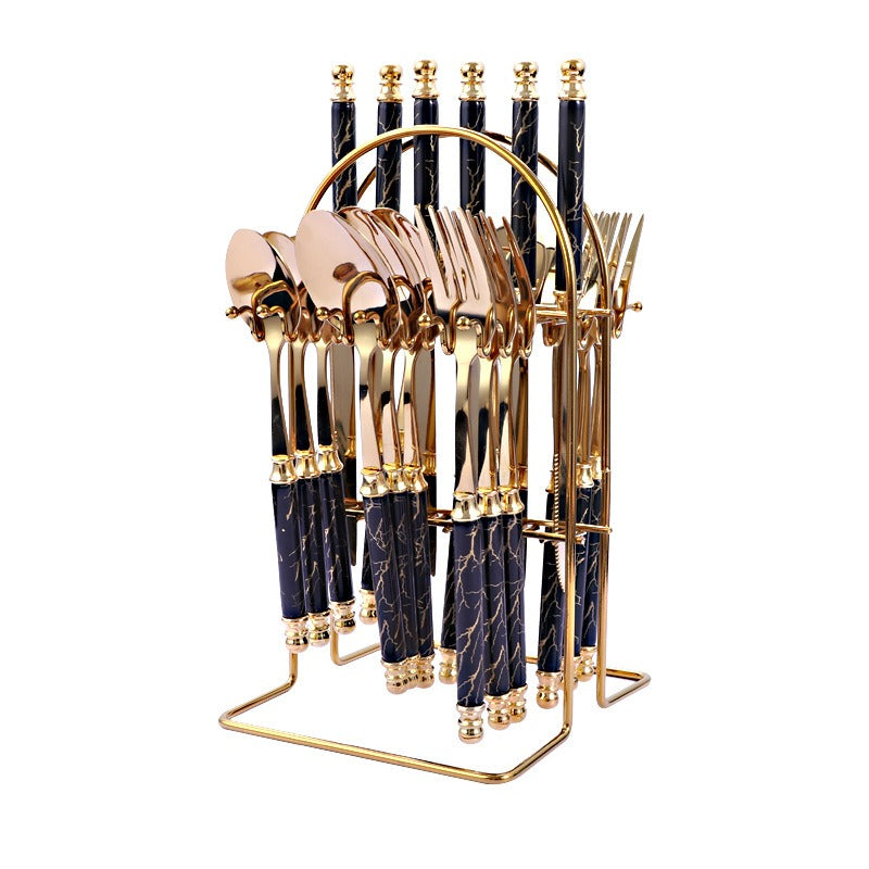 410 Stainless Steel Cutlery Set 24-Piece Golden European Style Knife, Fork & Spoon Set