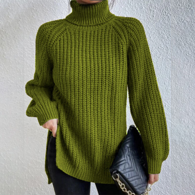 Turtleneck Pullover Sweater with Split Design Simple Solid Color Long Sleeve Top for Women
