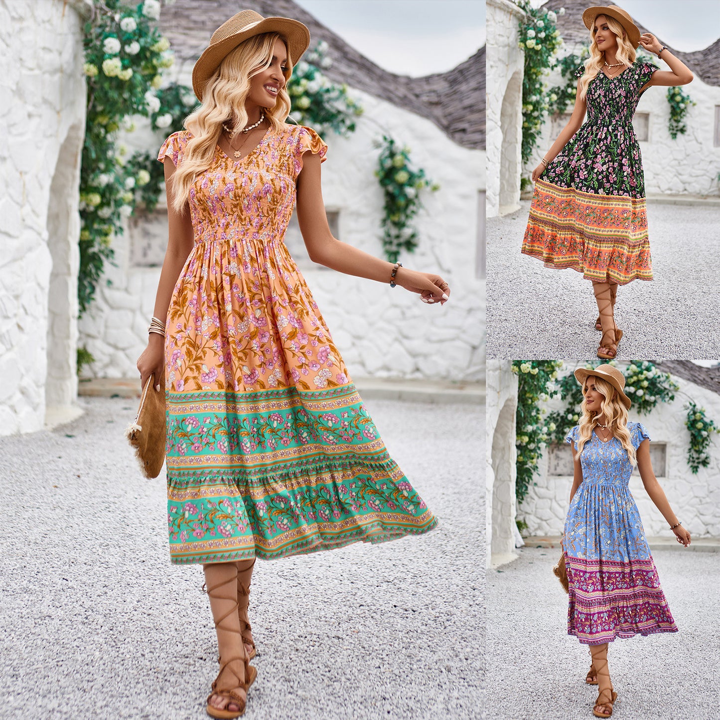 Flowers Print V-neck Summer Casual Ruffle Sleeveless Bohemian Beach Dress for Women
