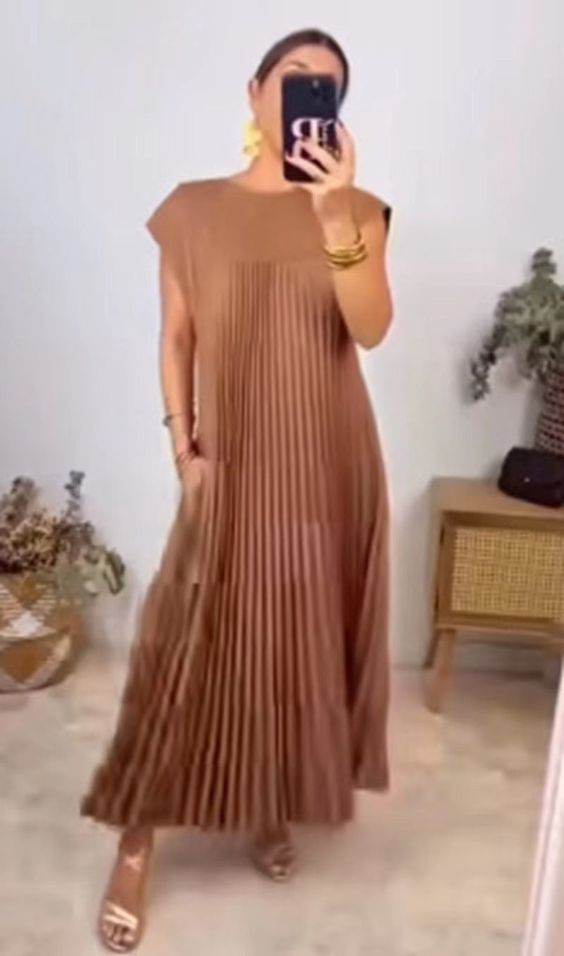 Short Sleeve Pleated Round Neck Long Summer Dress for Women