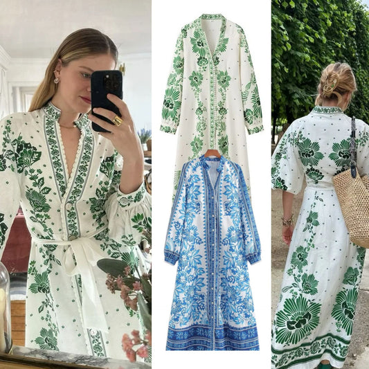 Printed Single-Breasted V-Neck Holiday Style Dress