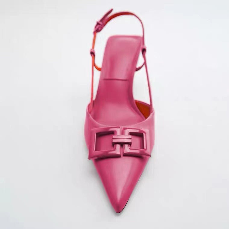 Pointed toe slender heel shallow mouth high heels women's back strap slingback buckle cap toe sandals women's trendy