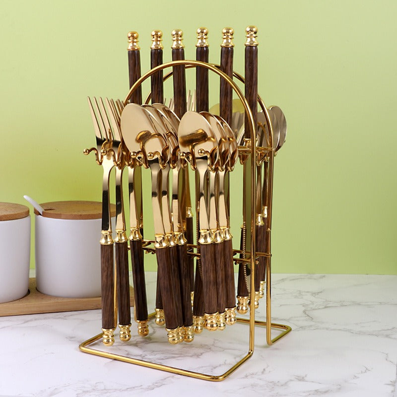 410 Stainless Steel Cutlery Set 24-Piece Golden European Style Knife, Fork & Spoon Set