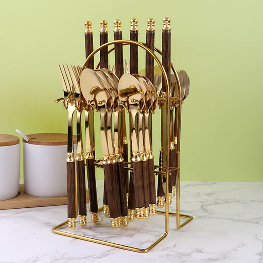410 Stainless Steel Cutlery Set 24-Piece Golden European Style Knife, Fork & Spoon Set