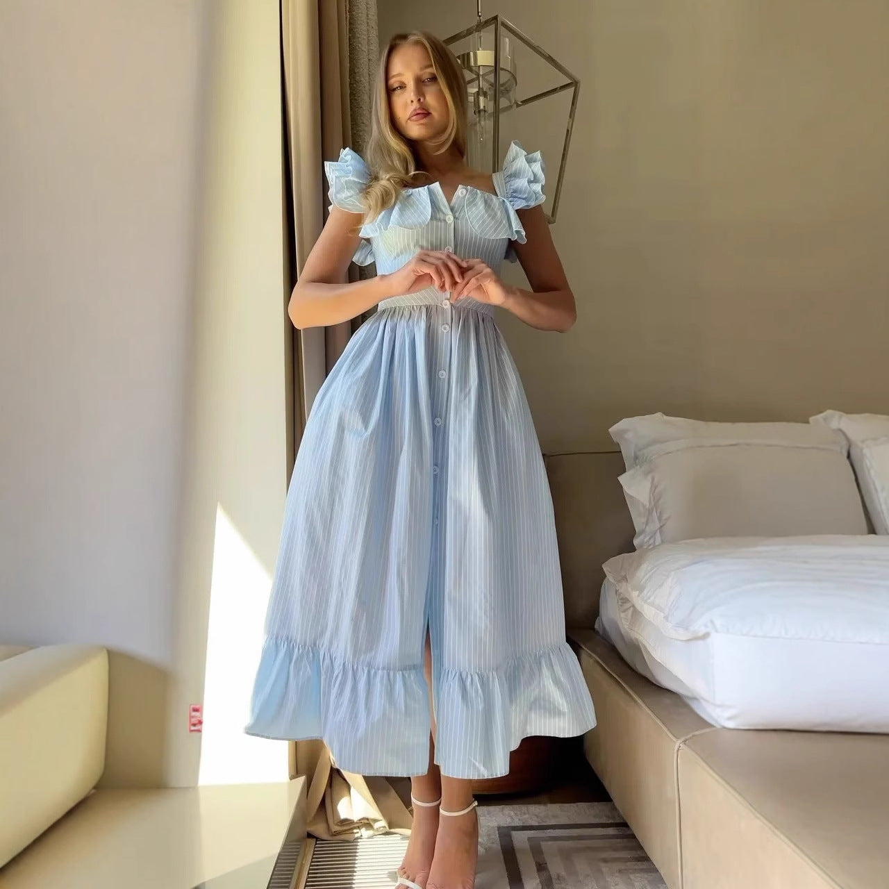 Three Color Striped Ruffle Waist Dress Women's Fashion