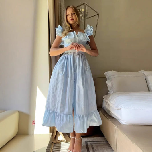 Three Color Striped Ruffle Waist Dress Women's Fashion