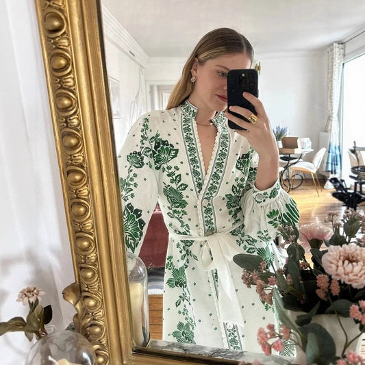 Printed Single-Breasted V-Neck Holiday Style Dress