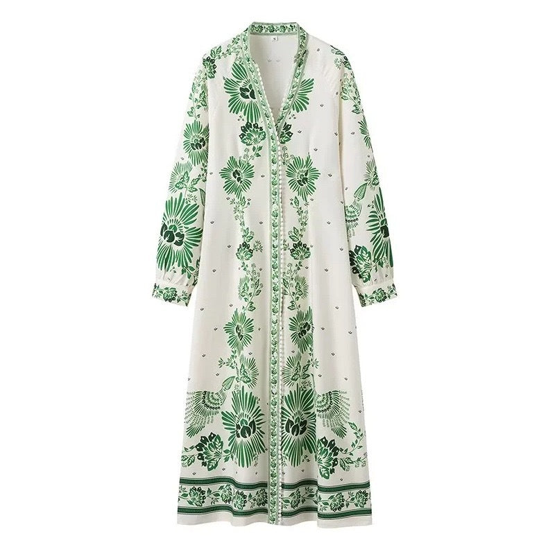 Printed Single-Breasted V-Neck Holiday Style Dress