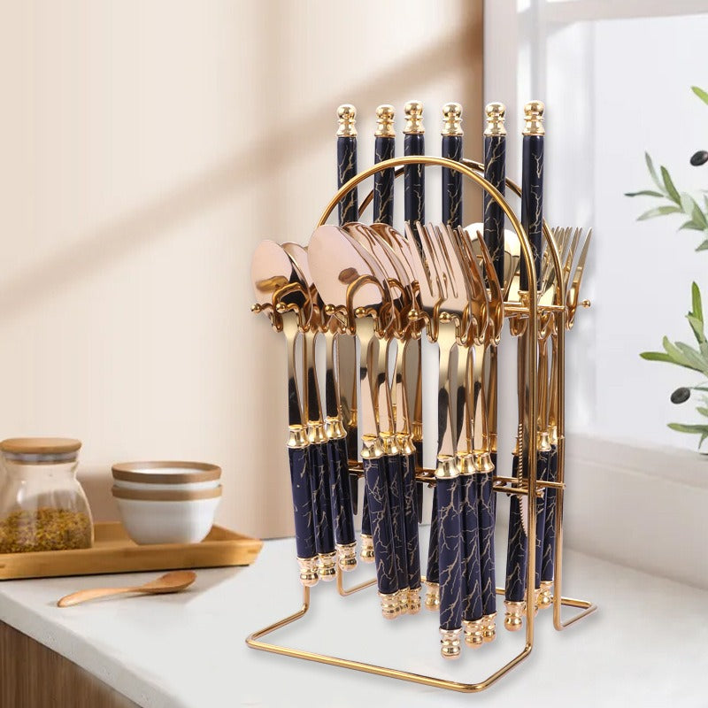 410 Stainless Steel Cutlery Set 24-Piece Golden European Style Knife, Fork & Spoon Set