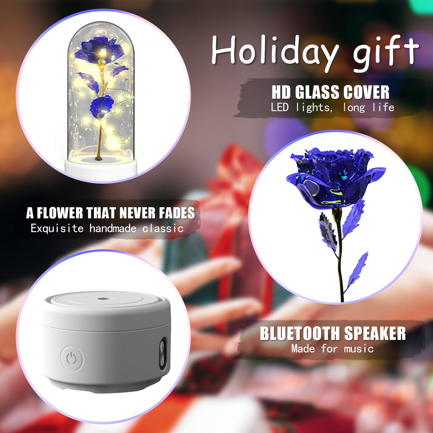 2-in-1 Rose LED Night Light & Bluetooth Speaker Glass Cover Romantic Gift