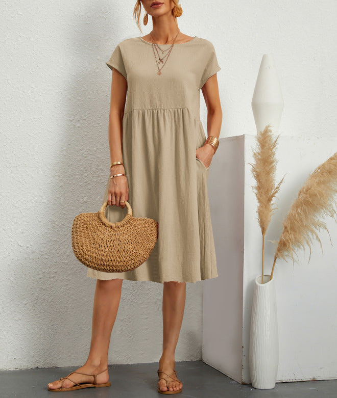 Summer Short-Sleeved Solid A-line Dress with Pockets Fashionable Round Neck for Women