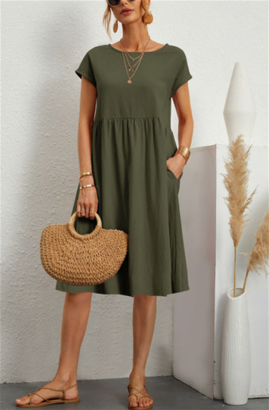 Summer Short-Sleeved Solid A-line Dress with Pockets Fashionable Round Neck for Women