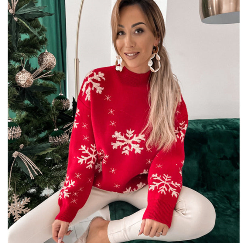 Fall Winter Christmas Sweater Knitted Fluffy Loose Casual Pullover with Snowflake Print