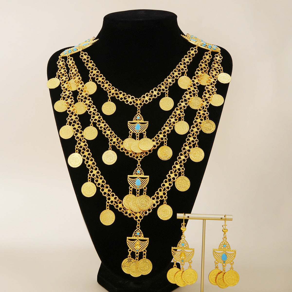 18K Gold Tassel Jewelry Set – Retro Multi-Layer Necklace & Earrings with Coins | Middle Eastern Wedding & Holiday Gift Set