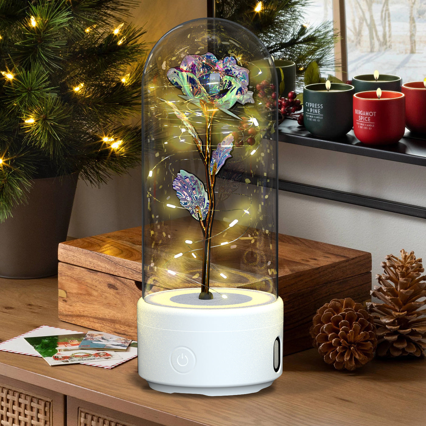 2-in-1 Rose LED Night Light & Bluetooth Speaker Glass Cover Romantic Gift