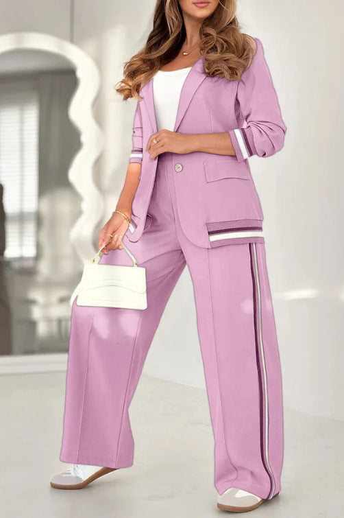 2 Pcs Set Women Suit Coat Pants Suit Lapel Long Sleeves Lady Wide Leg High Waist Trousers Female Commuting Office Outfit