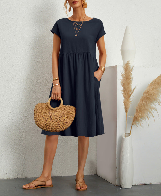 Summer Short-Sleeved Solid A-line Dress with Pockets Fashionable Round Neck for Women