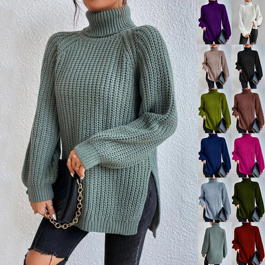 Turtleneck Pullover Sweater with Split Design Simple Solid Color Long Sleeve Top for Women