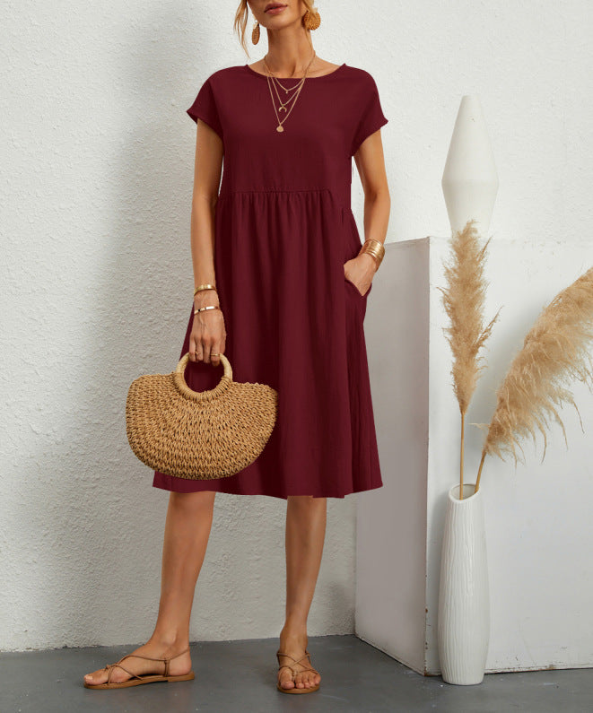 Summer Short-Sleeved Solid A-line Dress with Pockets Fashionable Round Neck for Women