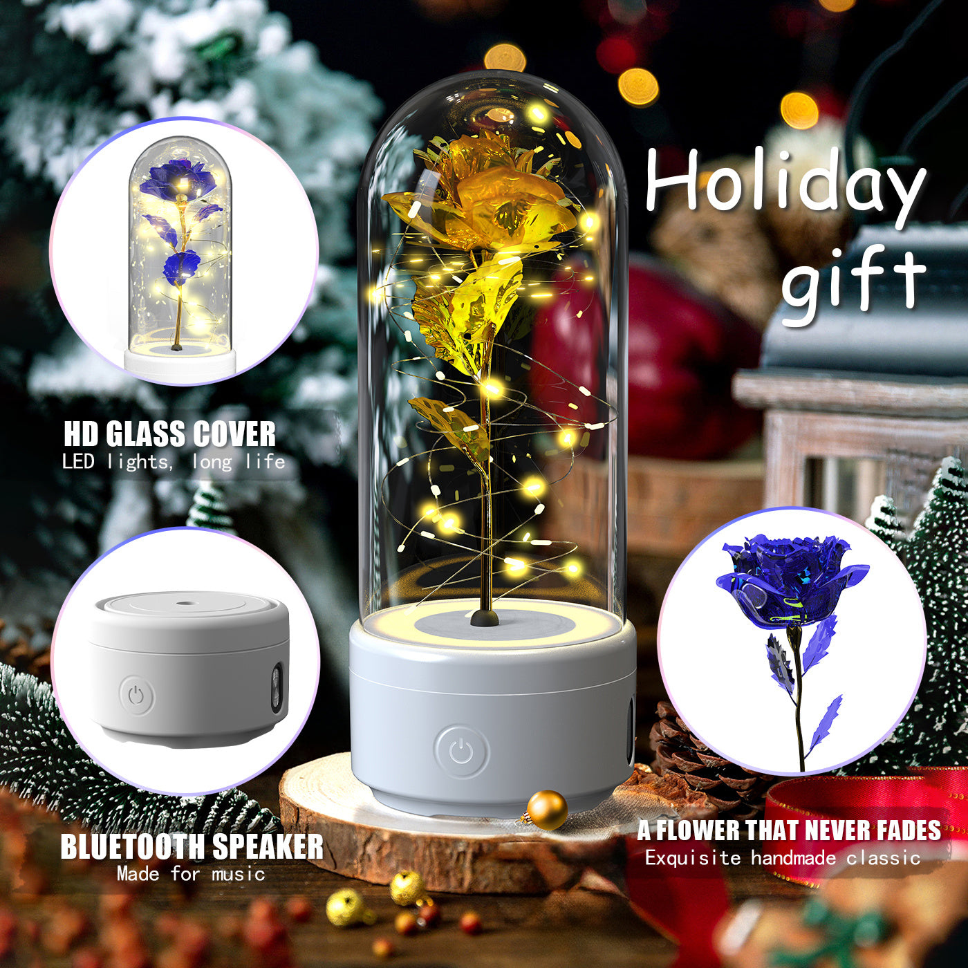 2-in-1 Rose LED Night Light & Bluetooth Speaker Glass Cover Romantic Gift