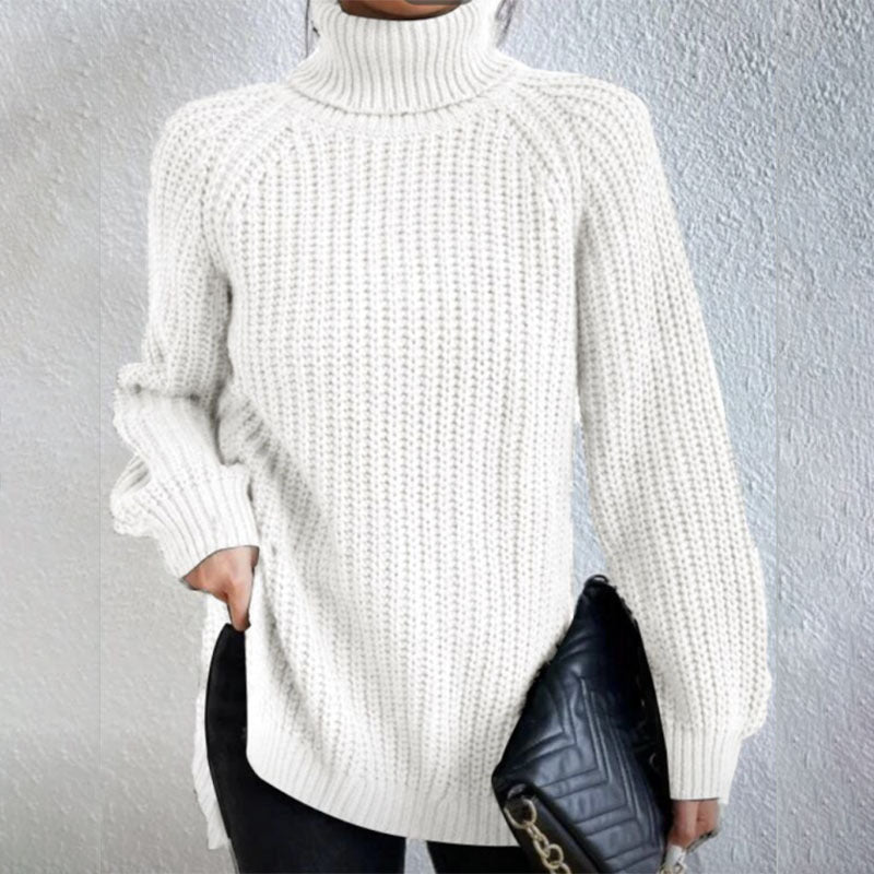 Turtleneck Pullover Sweater with Split Design Simple Solid Color Long Sleeve Top for Women