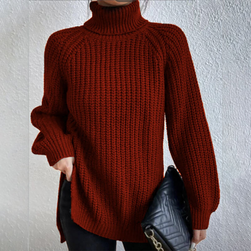 Turtleneck Pullover Sweater with Split Design Simple Solid Color Long Sleeve Top for Women