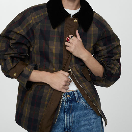 Autumn And Winter Plaid Fur Collar Cotton-padded Jacket