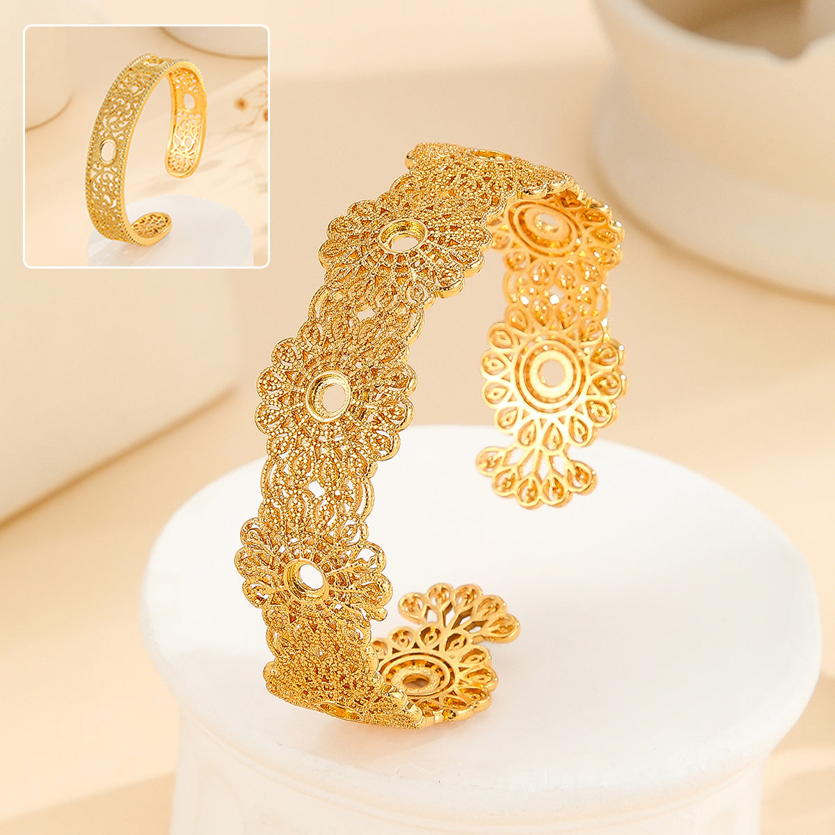 Luxury Gold Bracelet – Hollow Lace Flower Design, Elegant Wedding Jewelry for Women