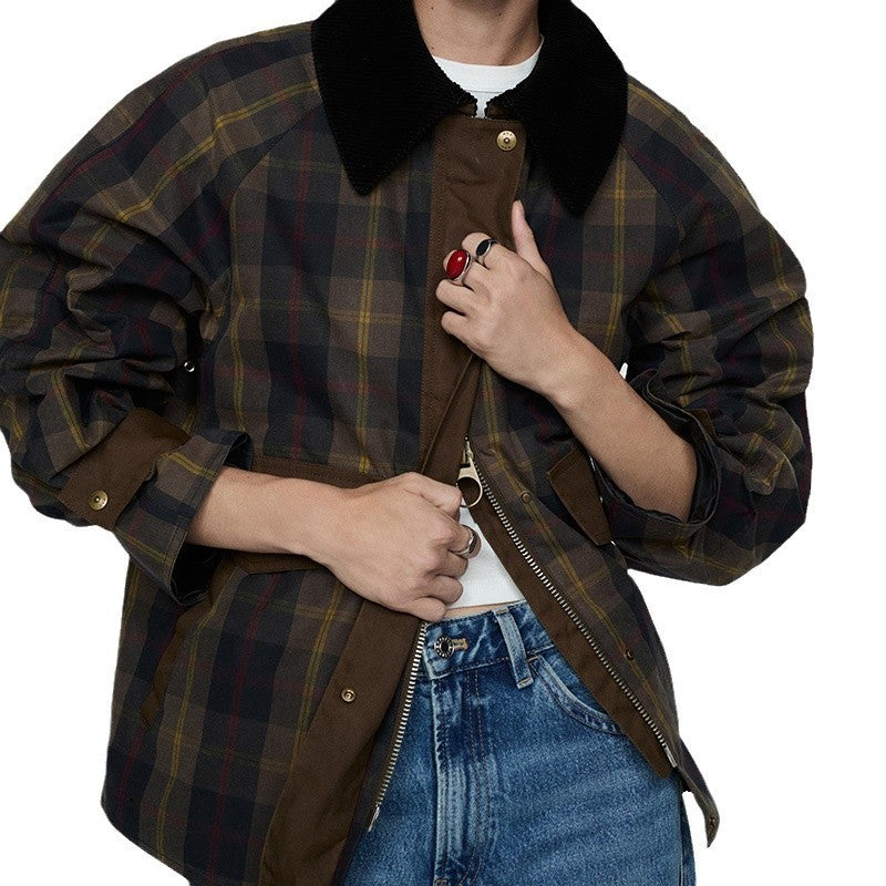 Autumn And Winter Plaid Fur Collar Cotton-padded Jacket