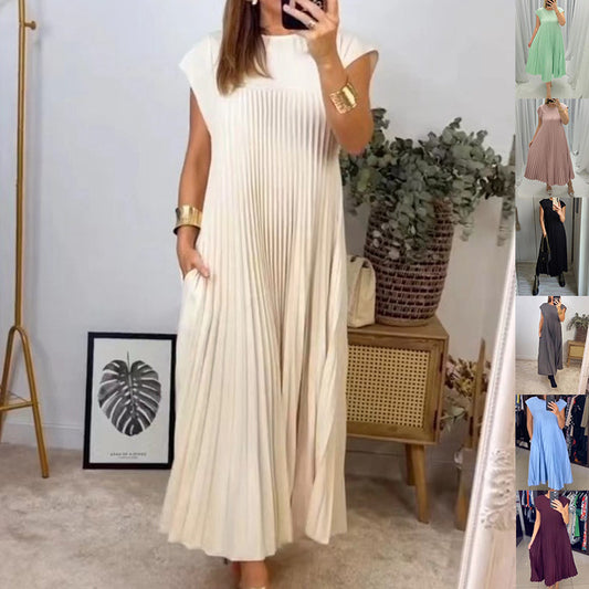 Short Sleeve Pleated Round Neck Long Summer Dress for Women