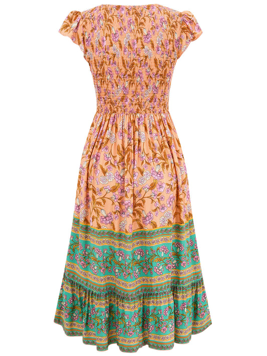 Flowers Print V-neck Summer Casual Ruffle Sleeveless Bohemian Beach Dress for Women