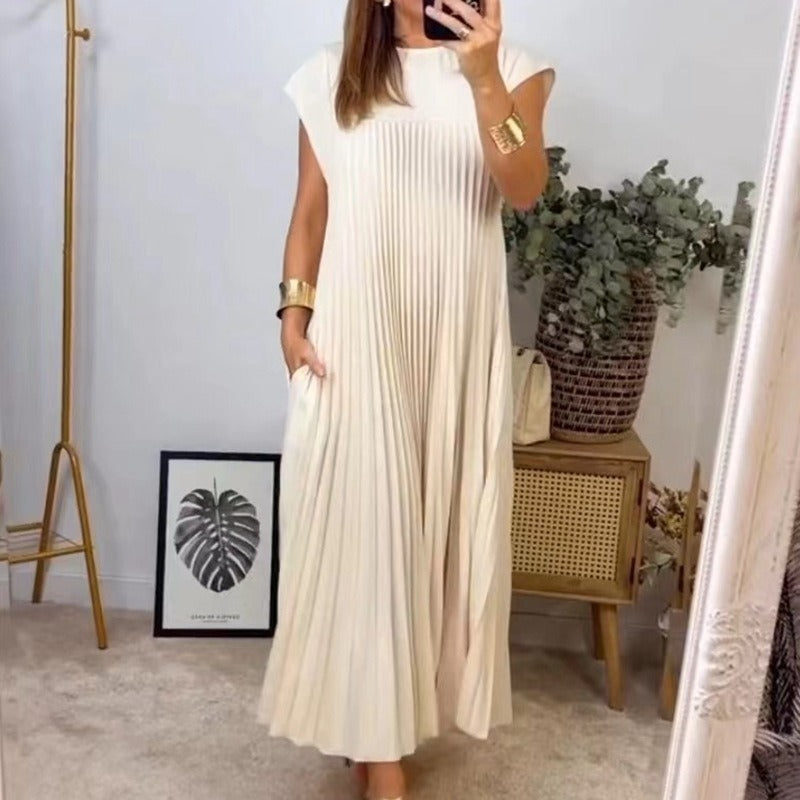 Short Sleeve Pleated Round Neck Long Summer Dress for Women