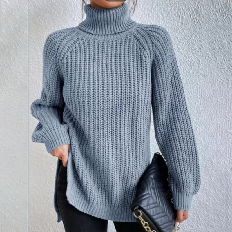 Turtleneck Pullover Sweater with Split Design Simple Solid Color Long Sleeve Top for Women