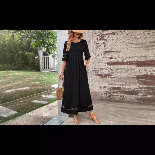 Five-quarter Sleeve Mesh Patchwork Round Neck Dress with Pockets