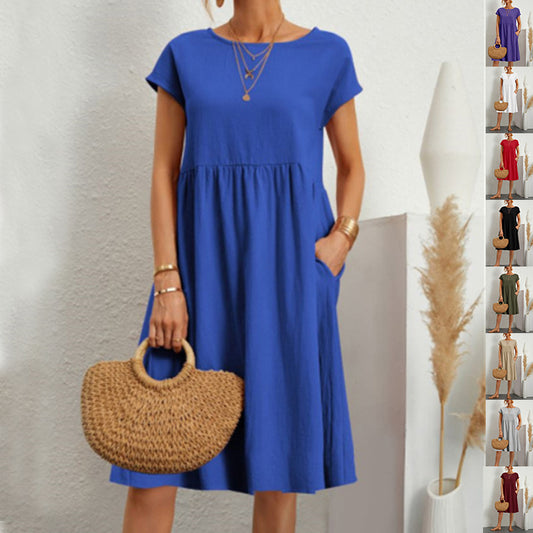 Summer Short-Sleeved Solid A-line Dress with Pockets Fashionable Round Neck for Women