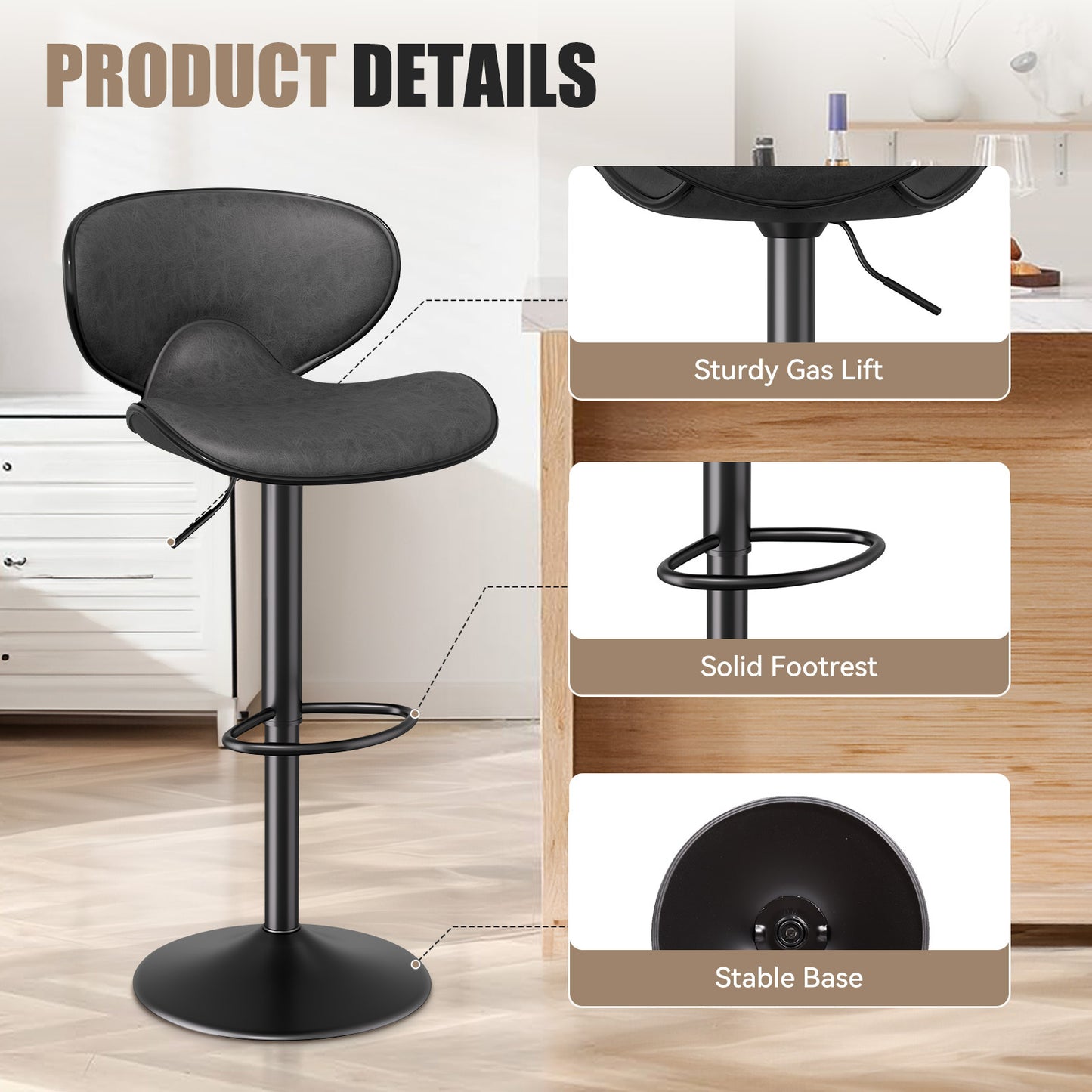 Modern Adjustable Bar Stool – Faux Leather Swivel Counter Stool with Backrest, Height Adjustable 25"–33", 360° Swivel, Durable & Comfortable