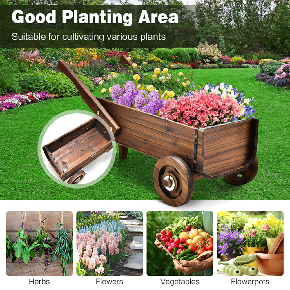 Wooden Wagon Planter Box with Wheels, Handles & Drainage Hole – Rustic Garden Flowerpot